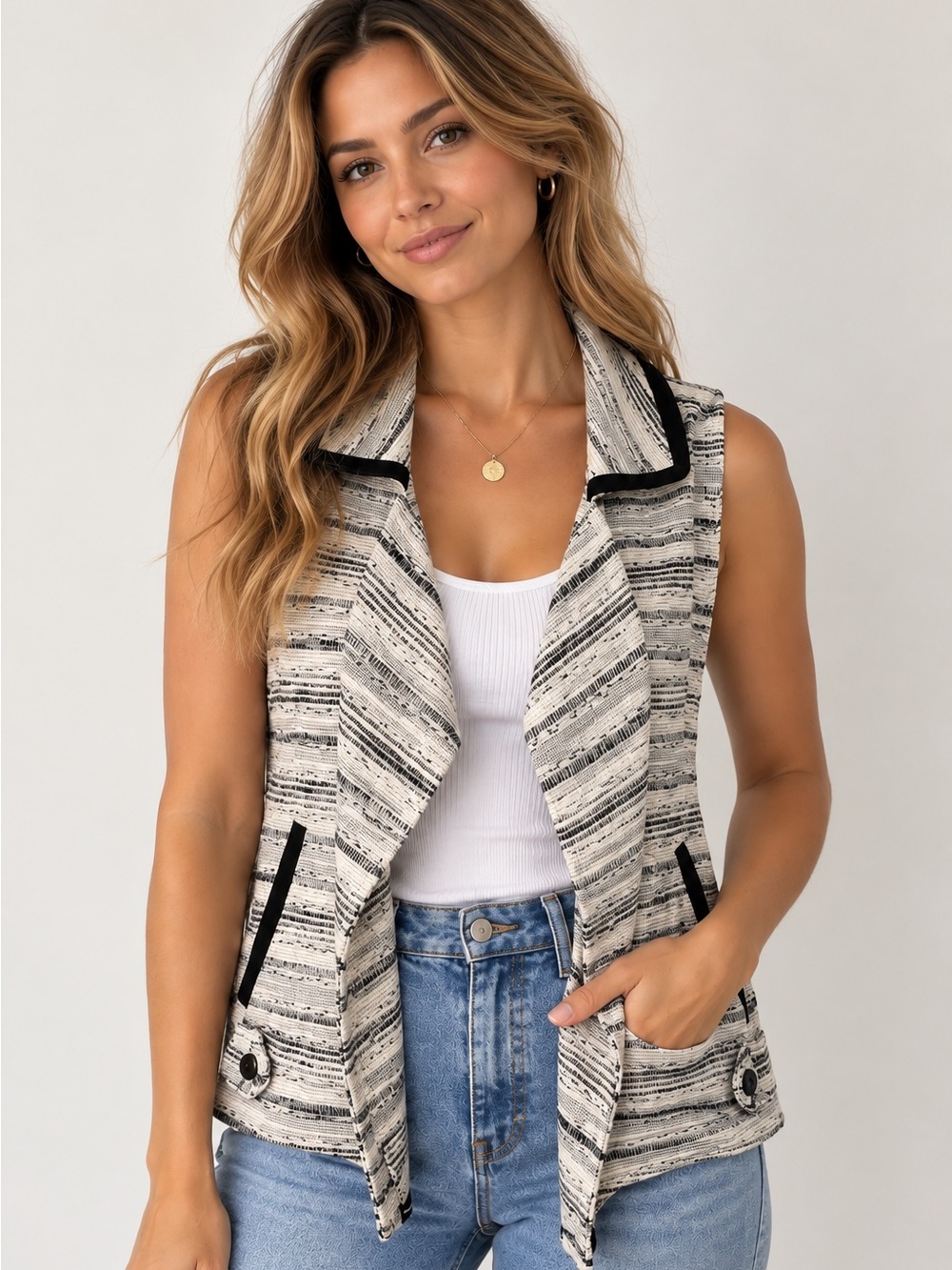 BCBGeneration Cream and Black Striped Sleeveless Draped Vest